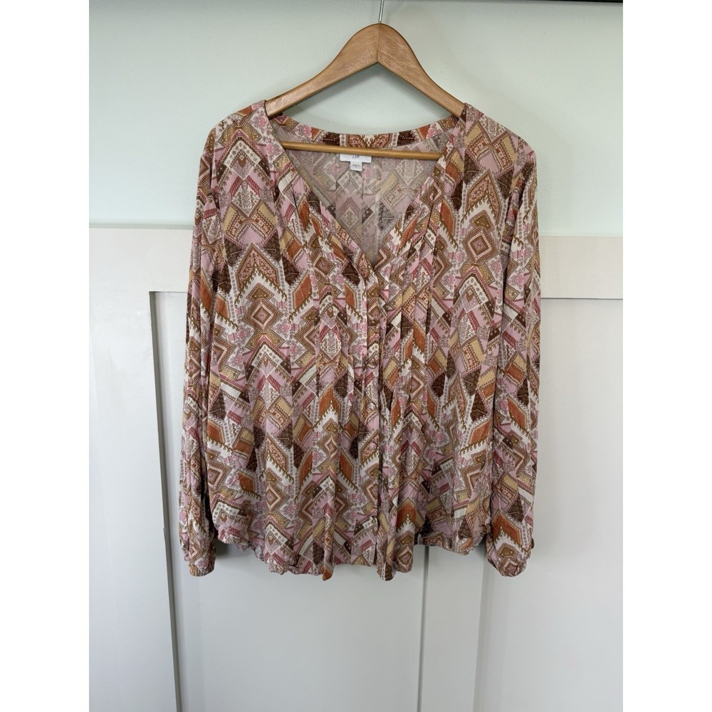 J Jill Button Up Blouse XL Southwestern Tribal Pintuck Pleated Long Sleeve Aztec
